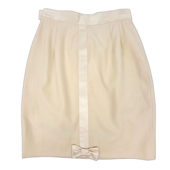 VINTAGE Escada 100% New Wool Satin Bow High Rise Tailored Pencil Skirt Ivory XS - Picture 1 of 9